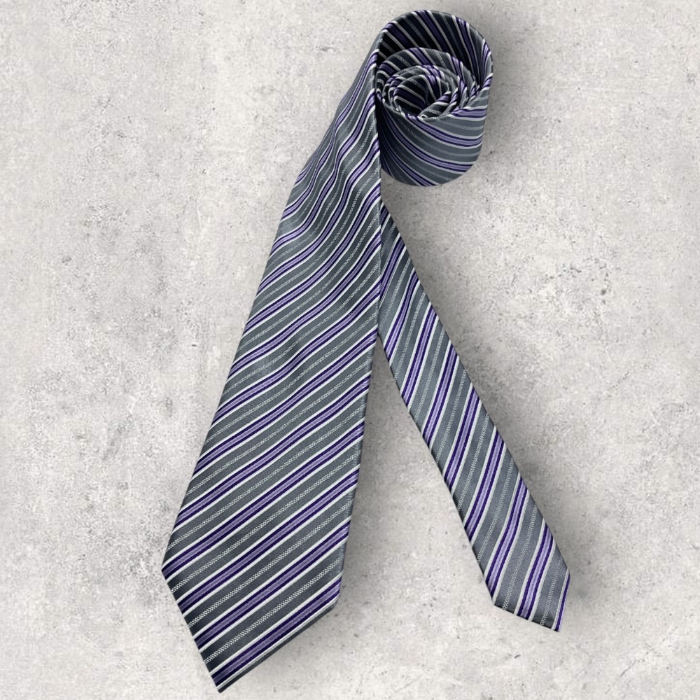 HATHAWAY Gray/Purple Striped Silk LUXURY Tie